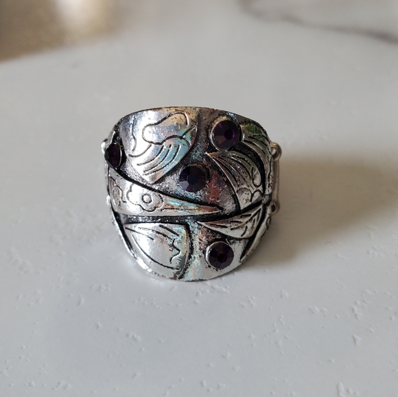 Antique Silver Tone Adjustable Band Ring with Purple Stones 💥3 for $24💥 - Picture 4 of 15